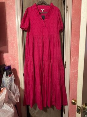 crown & ivy Fiery Pink Ruffled V-Neck Tiered Maxi Dress